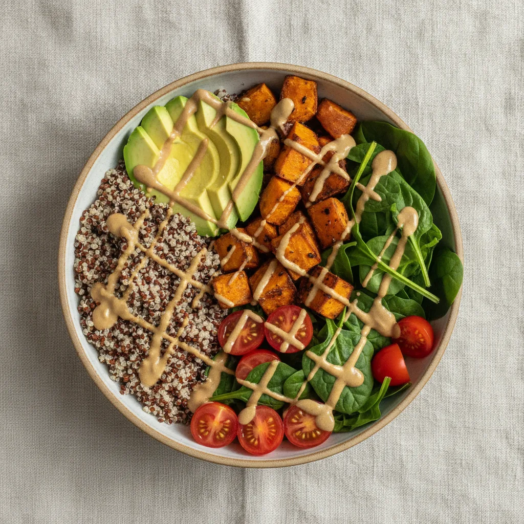 Colourful nourishing bowl with fresh ingredients