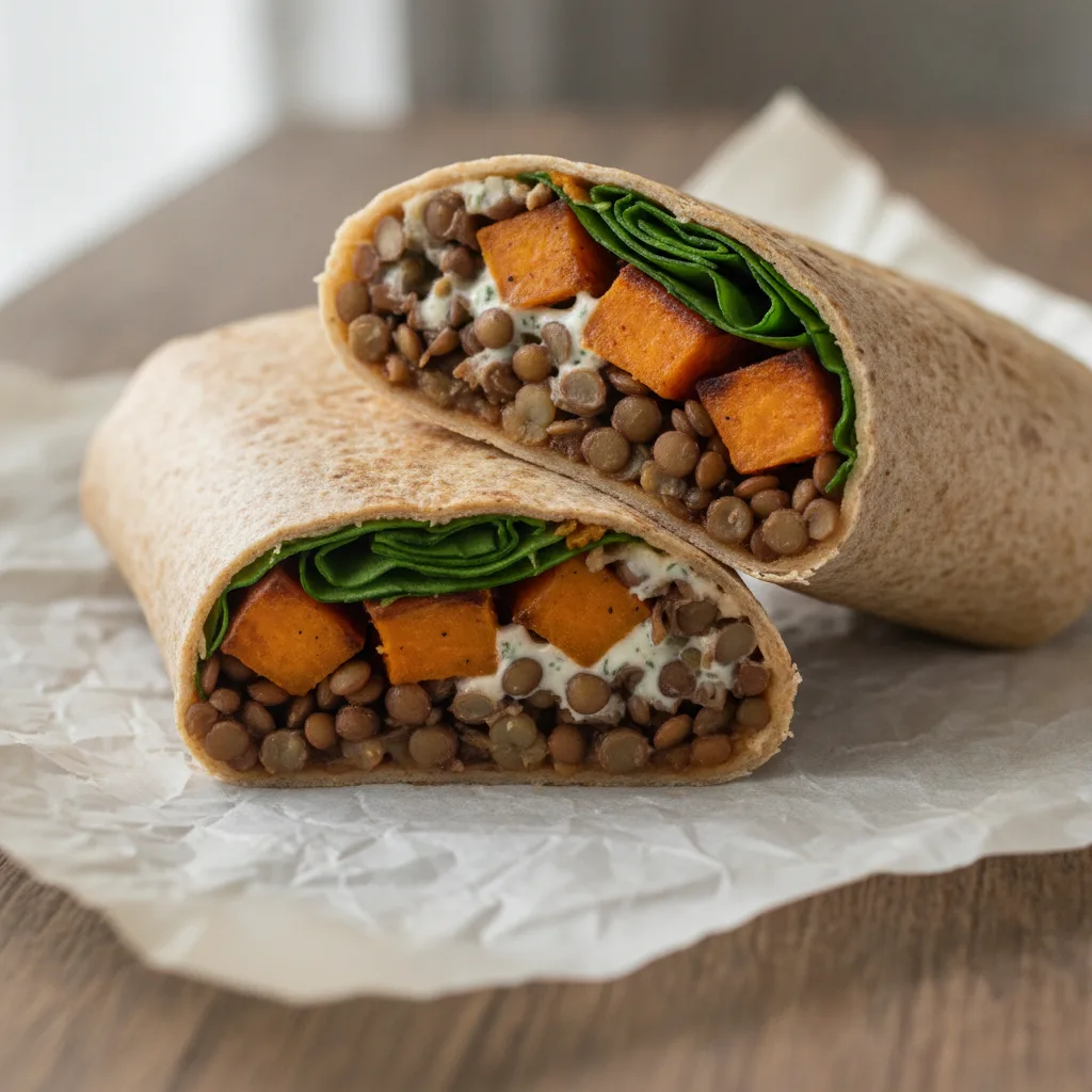Colourful lentil and roasted veggie wrap