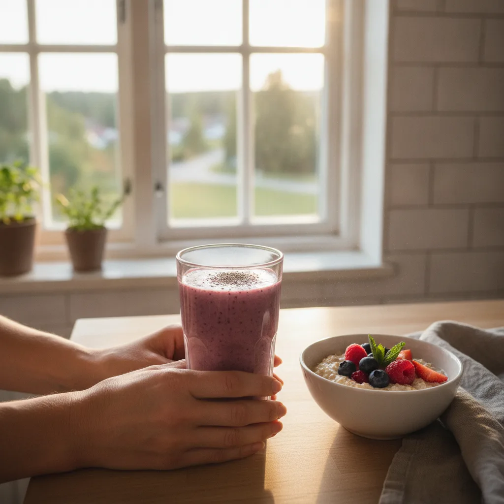 Morning routine with smoothie and fruit